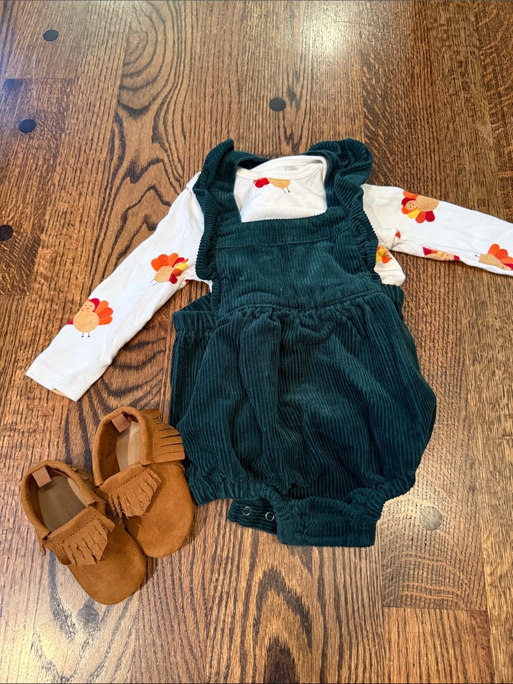 Old Navy Teal Corduroy Bubble Romper with Ruffle Straps, turkey onesie, shoes